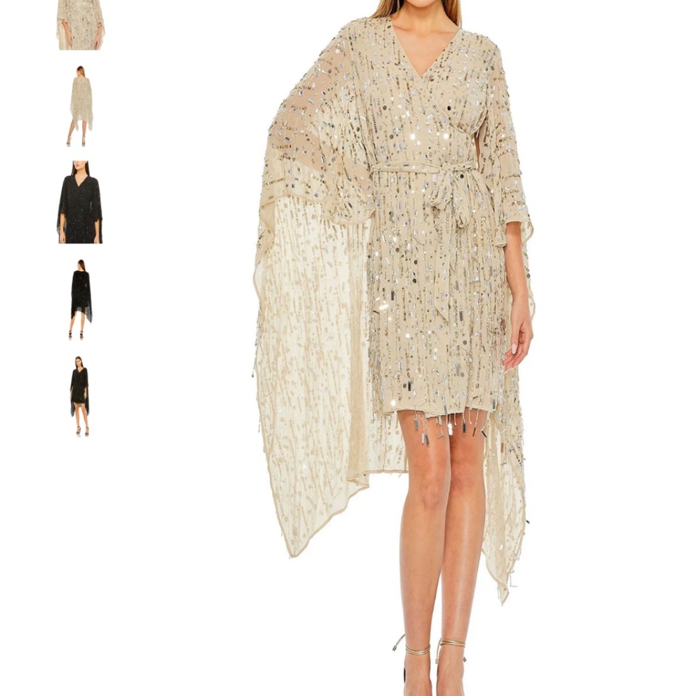 MAC DUGGAL Nude Cape Back Fringe Beaded Robe Dress Style 94044, NWT - Large